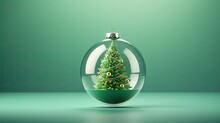 A Christmas Tree In A Glass Ball With A Green Background.  Generative Ai