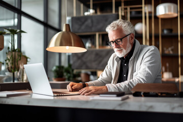 Canvas Print - An elderly man at a laptop. Writer, scientist, businessman. Remote work at home.