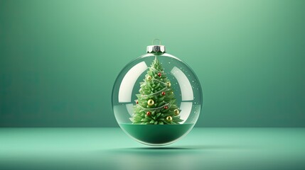 a christmas tree in a glass ball with a green background. generative ai