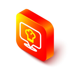 Poster - Isometric line Chef hat with location icon isolated on white background. Cooking symbol. Cooks hat. Orange square button. Vector