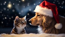 Cute Image Of A Dog And His Cat Friend At Christmas And A Background Of Snowflakes