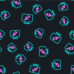Poster - Line Push pin icon isolated seamless pattern on black background. Thumbtacks sign. Vector