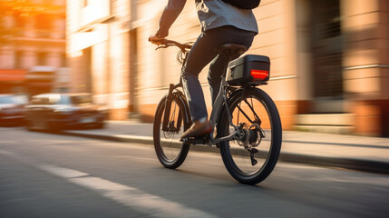 Wall Mural - A commuter using a compact electric bicycle-sharing service for a convenient city ride, Mini mobility, with copy space