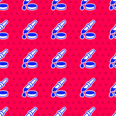 Poster - Blue Pipette icon isolated seamless pattern on red background. Element of medical, chemistry lab equipment. Pipette with drop. Medicine symbol. Vector