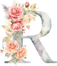 Floral Letter R Watercolour Illustration Created With Generative AI Technology