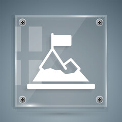 Poster - White Mountains with flag on top icon isolated on grey background. Symbol of victory or success concept. Goal achievement. Square glass panels. Vector