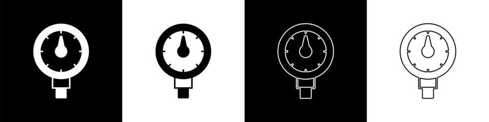 Poster - Set Tire pressure gauge icon isolated on black and white background. Checking tire pressure. Gauge, manometer. Car safe concept. Vector