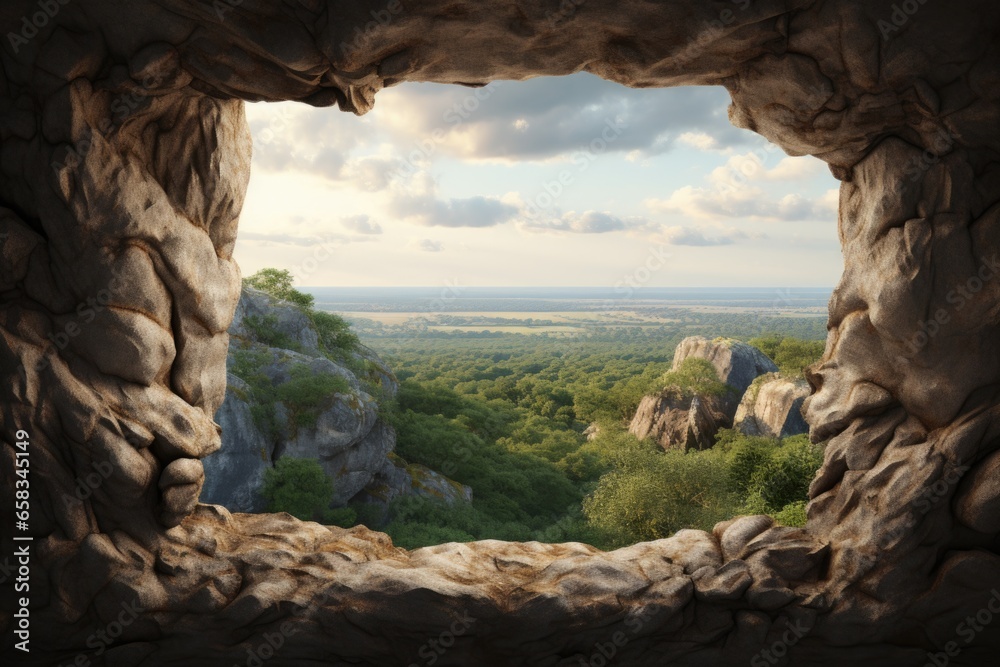 Viewingvault Rocks A captivating view of a scenic valley seen through a perfectly shaped ...