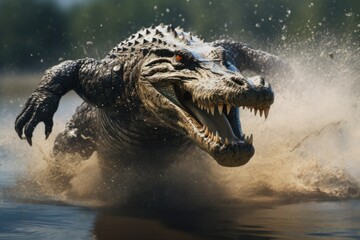 Poster - A large alligator is captured in motion, running through the water. This image can be used to depict wildlife, nature, or animal behavior.