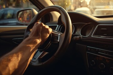 Poster - A picture of a person driving a car with a steering wheel. This image can be used to illustrate concepts such as driving, transportation, road trips, or automotive safety.