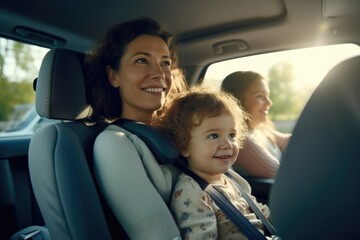 Poster - A woman and child sitting in a car seat. This image can be used to depict safe travel with children or the bond between a mother and her child.