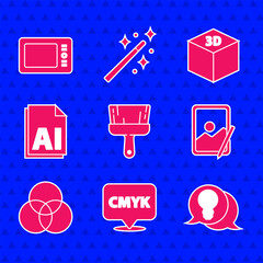 Poster - Set Paint brush, Speech bubble with text CMYK, Light bulb concept of idea, Graphic tablet, RGB and color mixing, AI file document, Isometric cube and icon. Vector
