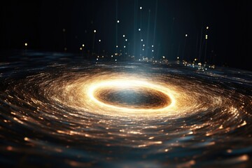Poster - A picture showcasing a black hole located in the center of a galaxy. This image can be used to illustrate concepts related to astrophysics, space exploration, and the mysteries of the universe.