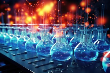 Poster - A row of glass flasks filled with blue liquid. Perfect for scientific and laboratory concepts.