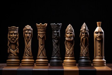 Poster - A row of chess pieces on a chess board. This image can be used to illustrate strategic planning, decision-making, or a competitive environment.