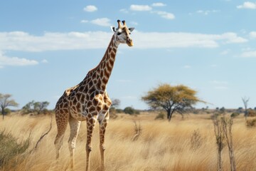 Sticker - A picture of a giraffe standing gracefully in the middle of a dry grass field. Suitable for nature and wildlife themes.