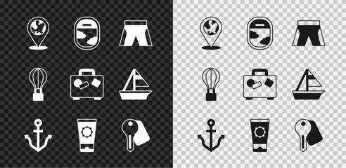 Poster - Set Location on the globe, Airplane window, Short or pants, Anchor, Sunscreen cream tube, Hotel door lock key, air balloon and Suitcase icon. Vector