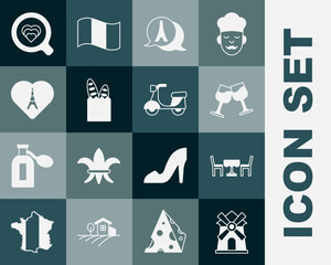 set windmill, french cafe, wine glass, eiffel tower, baguette bread, with heart, coffee cup and scoo