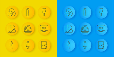 Poster - Set line Paint brush, Color palette guide, Laptop and gear, Graphic tablet, Speech bubble with text 3D, RGB CMYK color mixing, Push pin and Ruler icon. Vector
