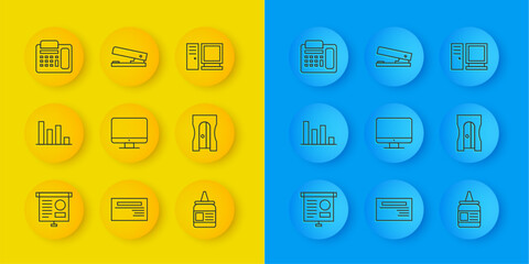 Poster - Set line Chalkboard with diagram, Pie chart infographic, Computer monitor screen, Glue, Pencil sharpener, Telephone, and Office stapler icon. Vector