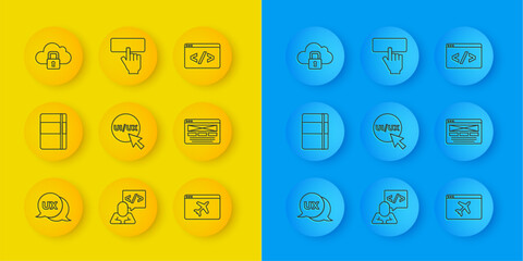 Poster - Set line UI or UX design, Sketchbook album, Website template, Cloud computing lock, Front end development and Keyboard icon. Vector