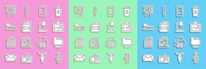 Poster - set line wrist watch, document folder, picture landscape, mobile phone, delete file document, staple