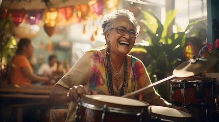 Senior Drummer's Joyful Performance, Genuine Happiness