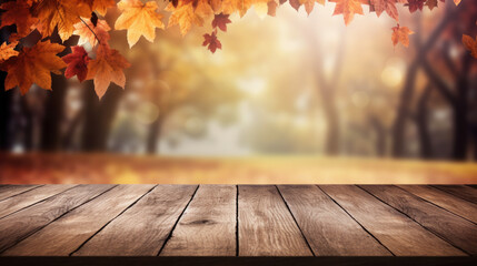 Wall Mural - Empty wooden table with autumn background