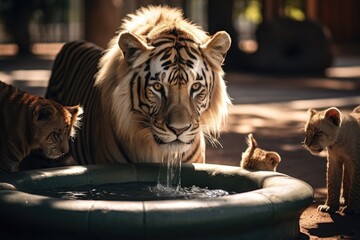 Canvas Print - A powerful tiger is seen drinking water from a beautiful fountain. This image captures the strength and grace of the majestic animal. Ideal for nature, wildlife, and animal-themed projects.