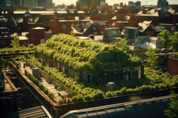 Poster - A picture of a building with a green roof. Can be used to illustrate sustainable architecture or eco-friendly construction projects.