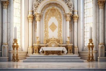 Poster - A large white and gold altar with a white table. Perfect for religious ceremonies or elegant events.