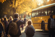 Parents waving goodbye to their child boarding a school bus - Morning school routine - AI Generated