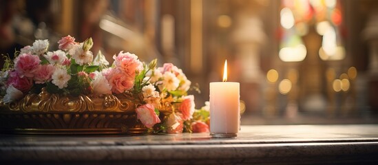 Canvas Print - Indoor view of flowers and candle in a stunning Catholic church