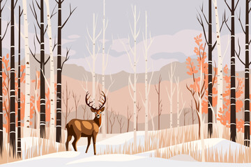 Wall Mural - Beautiful vector illustration of a winter landscape with a deer. Amazing forest with a beautiful deer in a birch forest. Christmas design.