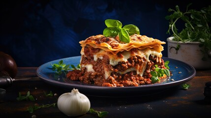 Wall Mural -  a blue plate topped with a layered lasagna covered in meat and cheese.  generative ai