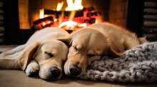 Cozy Pets Curled Up By The Fireplace In Winter