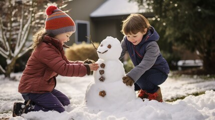 Children building snowman in the backyard