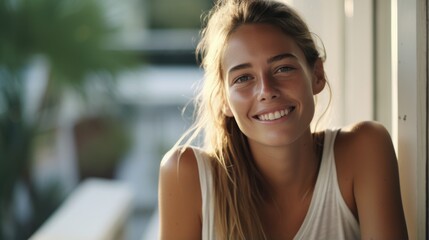 Beautiful 28 year old happy woman in loose home clothes at the window. Portrait of a smiling lady. Feminine beauty.