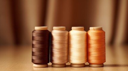 Close up of earth tone sewing threads collection in front of a drape. Brown, beige, nude and peach fuzz color. Concept of warm fall colors and fall fashion campaign