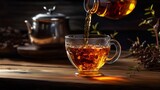 Pouring black tea into glass cup on wooden table on black zen style background.