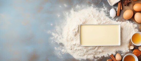 Canvas Print - Mockup for recipe of cookies pie or cake with baking cooking ingredients and utensils in a kitchen setting