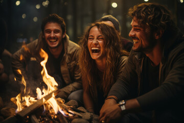 Sticker - A group of friends laughing together around a bonfire, portraying the warmth of platonic love and camaraderie. Concept of friendship. Generative Ai.