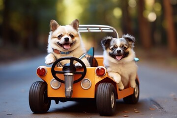  A shot of Two cute chihuahua dogs driving a toy car on the road Generative AI