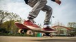 skateboarder jumping on the ground, skateboarder in action, close-up of skateboarder, skateboarder with skateboard in the park, skateboarder doing tricks with skateboard