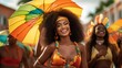 woman with afro hairstyle holding a frevo umbrella at the Brazilian Carnival.