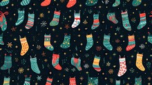  A Pattern Of Christmas Stockings And Snowflakes On A Black Background.  Generative Ai
