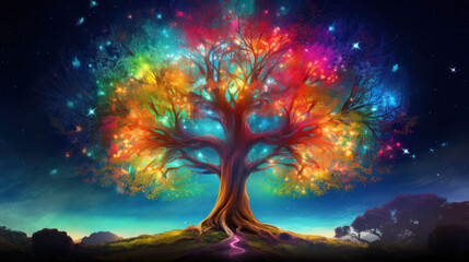 Psychedelic Yggdrasil Cosmic Tree Of Life Of Viking Mythology World Tree Reimagined. Fairytale Landscape And Background. Generative AI