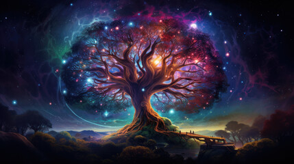 Psychedelic Yggdrasil Tree Of Life Of Viking Mythology in a Fantasy Landscape With Cosmic Beauty. Vivid Fairytale Landscape And Background. Generative AI