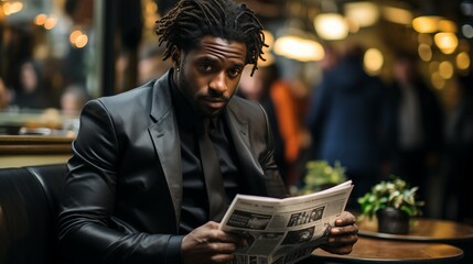 Poster - Black Man in Classic Business Attire Reading a Newspaper