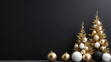  A Gold And White Christmas Tree Next To A Black Wall.  Generative Ai